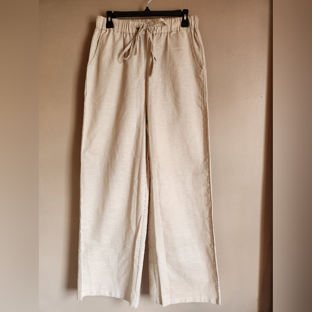 Zylioo Tall Size Linen Blend Wide Leg Pants Beige Tan Elastic Waist Small TALL